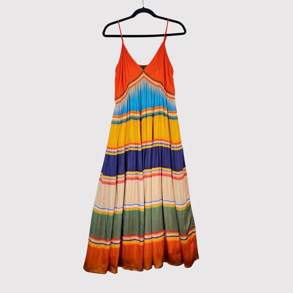 Anthropologie Tanvi Kedia Dress Orange V Neck Midi Striped Tiered Flowy Small - Picture 2 of 12
